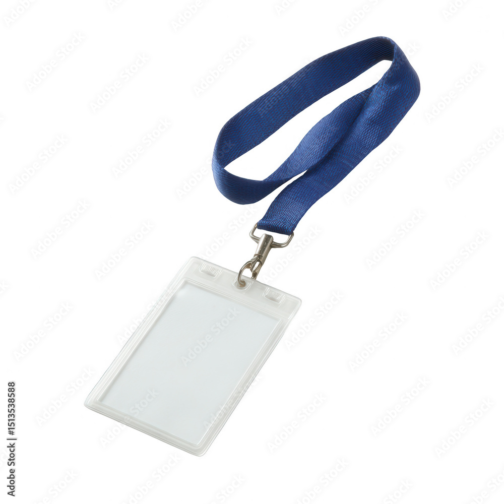 Fototapeta premium Blank identification badge with blue lanyard isolated on white. Perfect for events, conferences, or corporate use.
