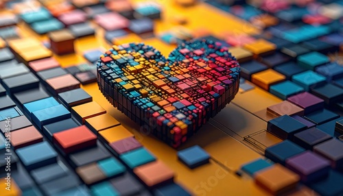 Colorful 3D Heart Pattern on Abstract Cube Background