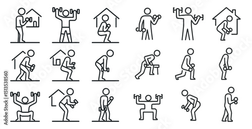 Home fitness outline icons set – exercise, gym, workout symbols for health enthusiasts