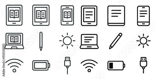 E-book and readers outline icons set – linear, digital, reading tools collection