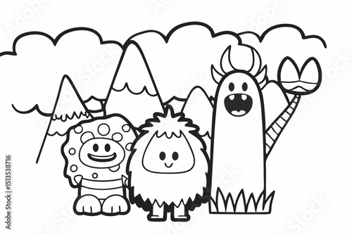 fantasy creatures, cartoonish, friendly, thick outlines, no color