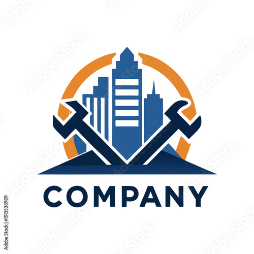 Cityscape construction company logo with building and tools