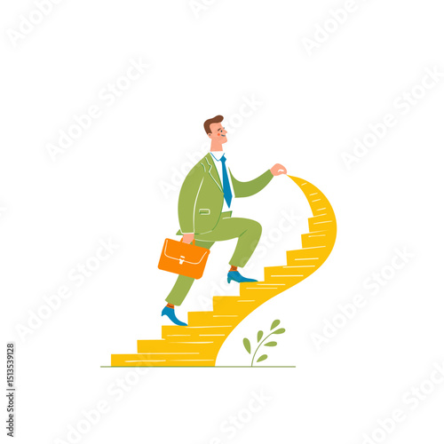 Scandi Minimalist Businessman Climbing Stairs - Success Vector Illustration