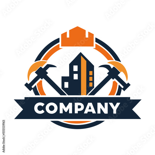 Construction company logo featuring building silhouette and tools