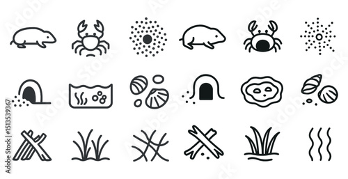 Animal habitat icons set - outline, linear, wildlife and nature symbols