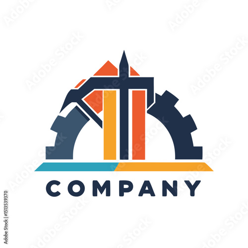 Geometric industrial logo with gear cog and hammer icon