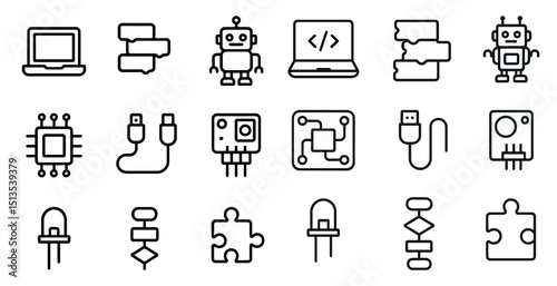 Technology and robotics icons set – outline, linear, tech and ai symbols