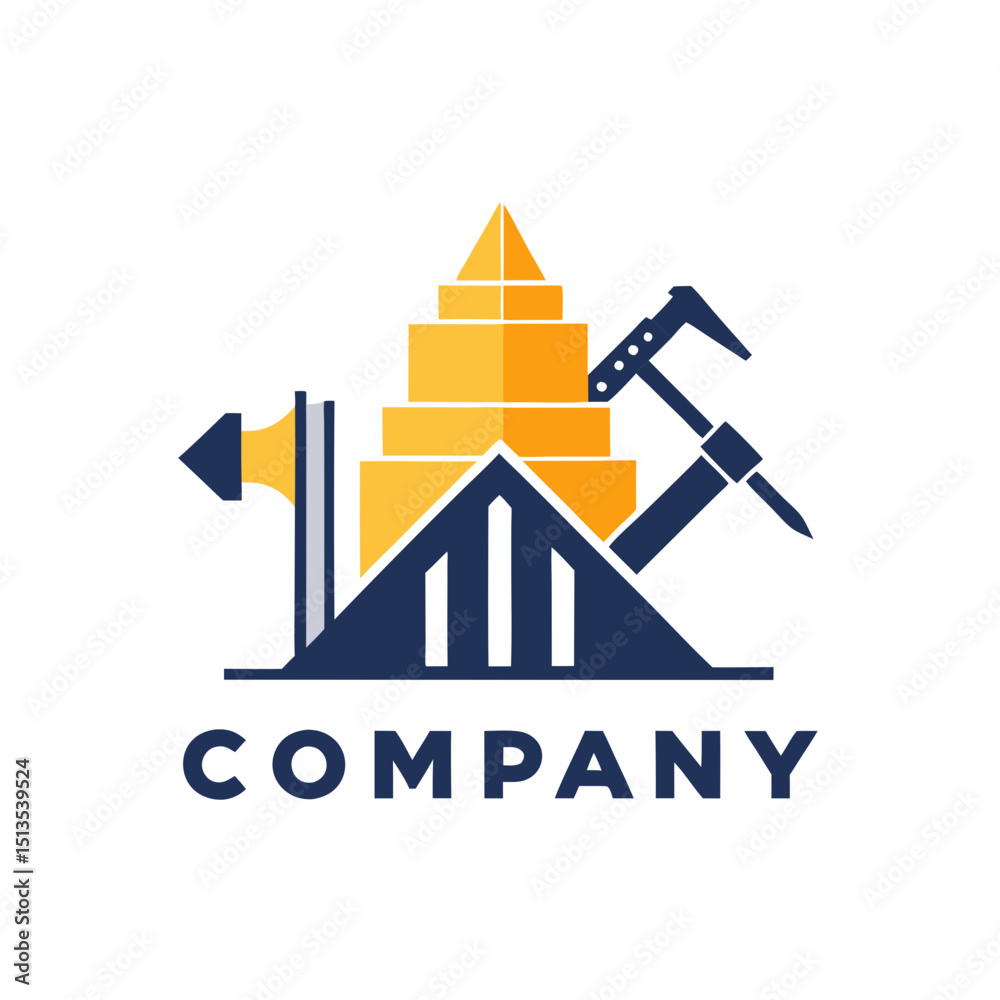 Fototapeta premium Construction logo design with building pyramid and working tools