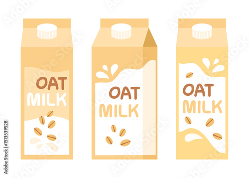 Oat milk carton package set in cartoon flat style.
