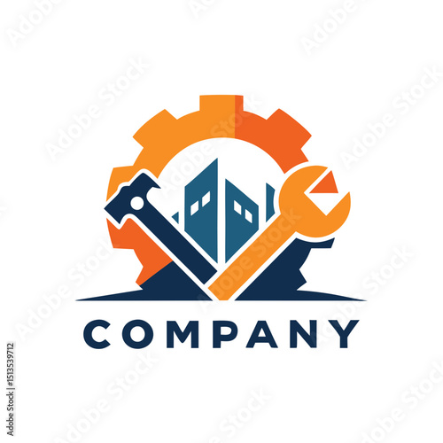 Construction and Maintenance Logo with Gear Building and Tools