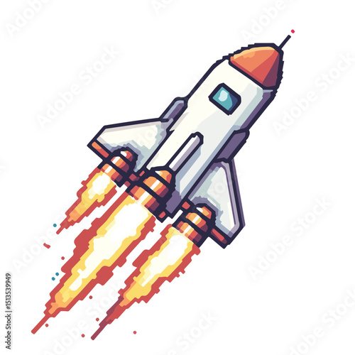 Pixelated Spaceship Vector Illustration Taking Off for Video Game Designs