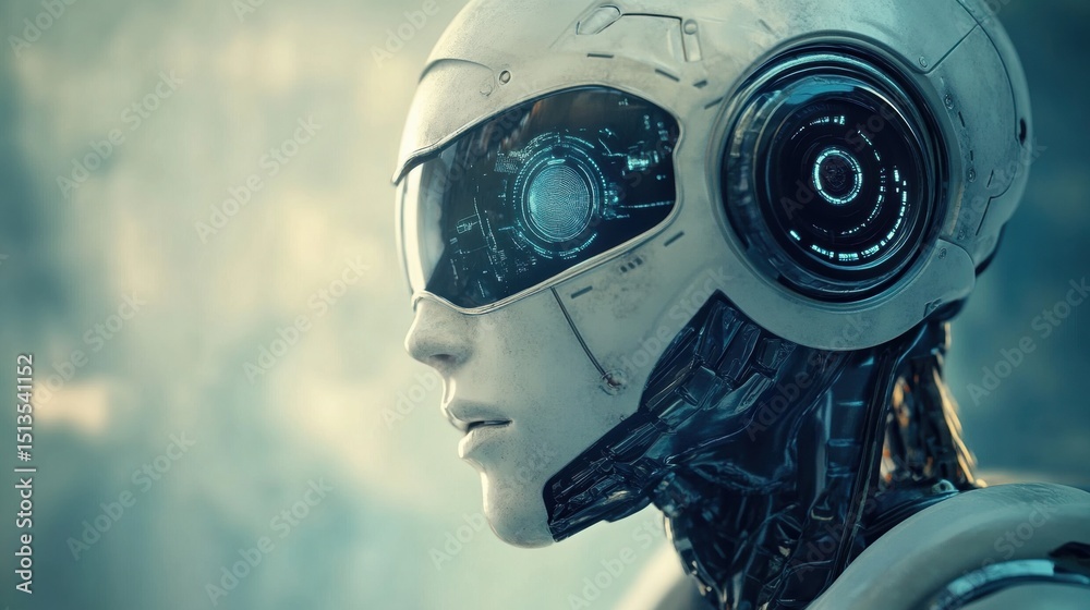 Fototapeta premium Detailed White Armored Humanoid Robot with Blue Lighting and Futuristic Visor Design