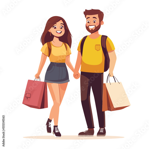 Professional Vector Illustration of Young Couple Engaged in Shopping Activity