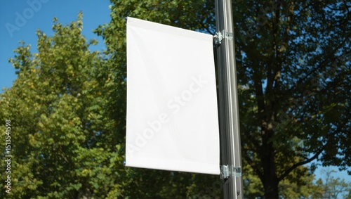 Blank white banner hanging on a pole with trees and blue sky behind