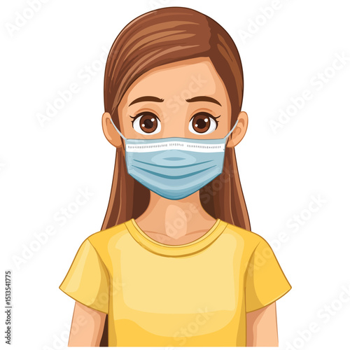 Professional Vector Illustration of a Young Girl Wearing Face Mask for COVID-19 Prevention
