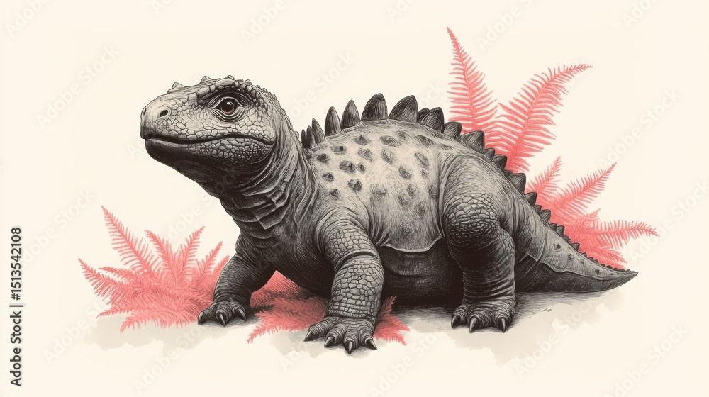 Obraz premium A prehistoric reptile with spiked back stands among pink ferns, illustrated in a vintage style on a light background.