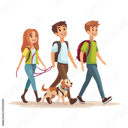 Colorful Cartoon Vector Illustration of Young People Walking Dogs in Urban Park