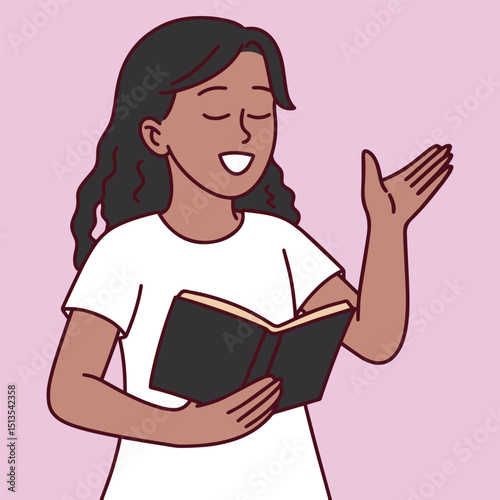 Young black skinned girl sitting peacefully while holding and reading a book, with a calm and joyful expression, representing mindfulness and love for learning