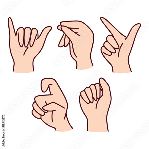 Vector set showing Chinese finger signs for numbers 6 through 10, including thumb-pinky and closed fist gestures. Cultural counting method used in Mandarin