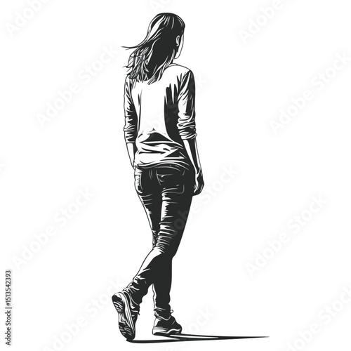 Professional Black and White Vector Illustration of a Young Woman Walking