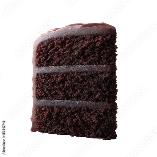Delicious slice of rich, moist chocolate cake topped with glossy chocolate frosting, perfect for dessert lovers and baking enthusiasts. photo