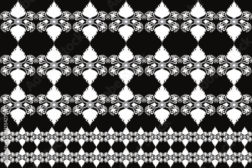 This fabric design features a central floral diamond motif on a rich black background, accented with symmetric white and navy floral elements.