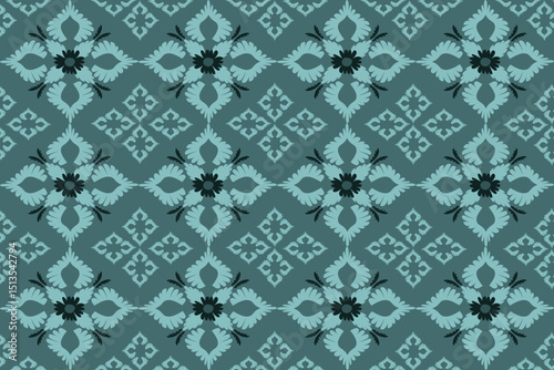 This fabric design features a central floral diamond motif on a rich green background, accented with symmetric green and navy floral elements.