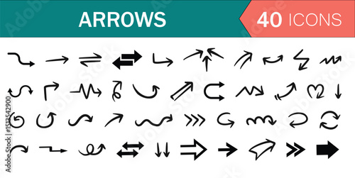 Set of hand-drawn arrows in doodle style. Includes curved, spiral, zigzag, and sketchy arrows in different shapes. Fun and informal design elements on a clean white background.