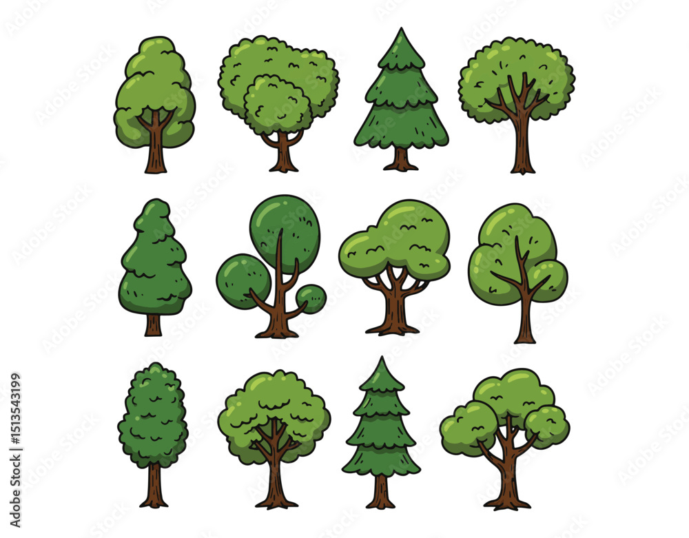 Fototapeta premium Vector Cartoon Trees - Set of Illustrations
