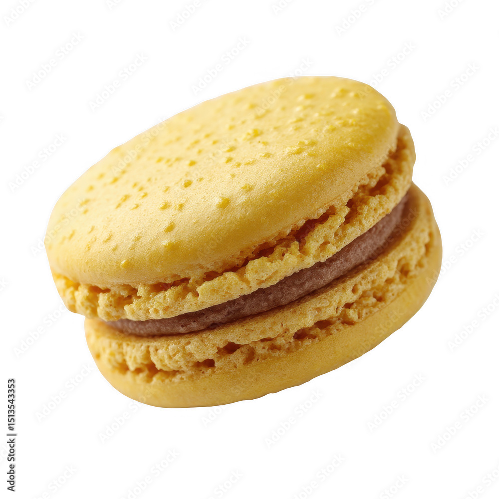 Delicious yellow macaron filled with chocolate cream, perfect for dessert enthusiasts. Ideal for advertising, menus, or food blogs showcasing sweet treats. Delicious yellow macaron filled with chocolate cream, perfect for dessert enthusiasts. Ideal for advertising, menus, or food blogs showcasing sweet treats.