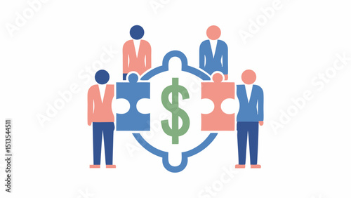 Collaborative teamwork connecting with a dollar symbol for financial success in a simplified graphic