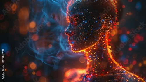 Abstract digital portrait of a woman with glowing particles and ethereal smoke