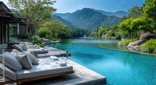 Stunning view of the mountains and blue water in Chiang Mai, Thailand, with an infinity pool overlooking an outdoor spa area set up for luxury treatment on one side