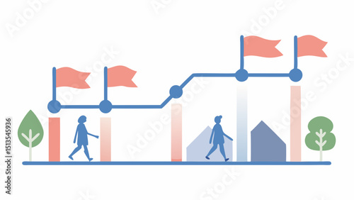Journey to success depicted by figures traversing milestones on a rising graph with soft pastel