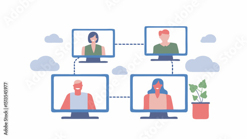 Connected and collaborative these colleagues bridge distances during a virtual meeting illustrated