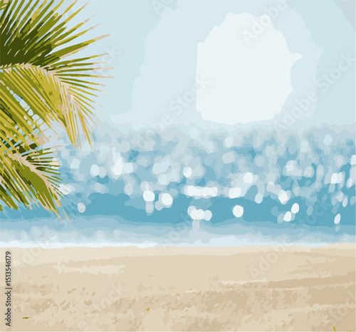 Fototapeta Naklejka Na Ścianę i Meble -  summer background beatiful sunset , Summer Beach Vector Illustration – Palm Trees and Sunlight - Tropical Summer Holiday Background – Flat Style Vector - Summer Fruits Pattern – Watermelon, Pineapple 