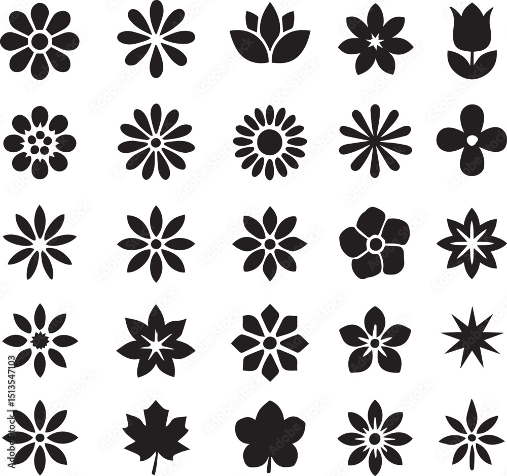 Fototapeta premium flower shape vector, floral icon set, flowers vector silhouette, symmetrical floral patterns, lotus, petals, abstract blossoms, nature design floral elements illustrations