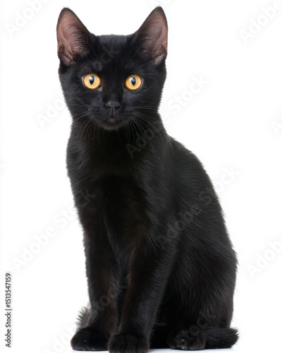 Elegant black kitten sitting upright, centered, and directly facing the camera. For pet adoption, animal care, or veterinary promotions