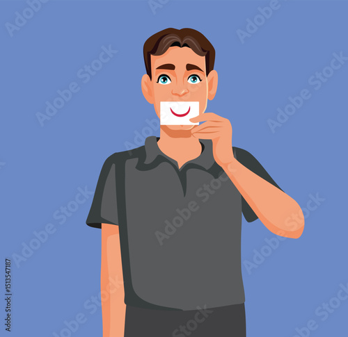 Unhappy Man Holding a Fake Smiling Card Vector Illustration. Sad person pretending to be joyful under an emotional facade