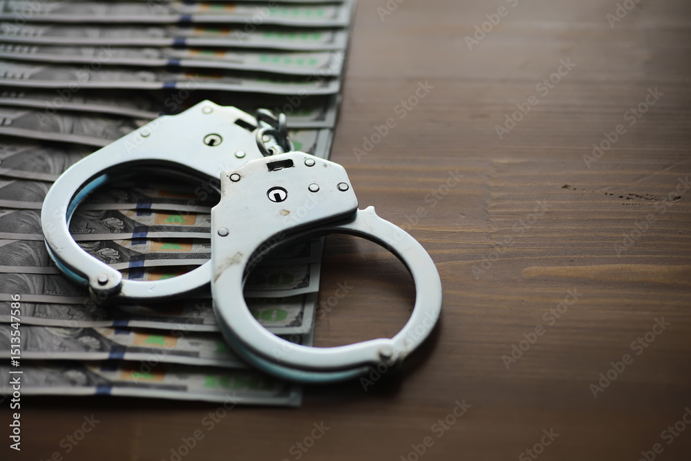 Obraz premium Handcuffs on Stacked US Dollar Bills Symbolizing Financial Crime and Law Enforcement