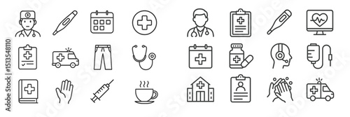 Medical and health care icons illustrating various aspects of treatment, emergency services, and health professions in a clean design