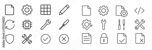 Collection of simple line icons representing various tools, documents, and engineering elements in a minimalistic style