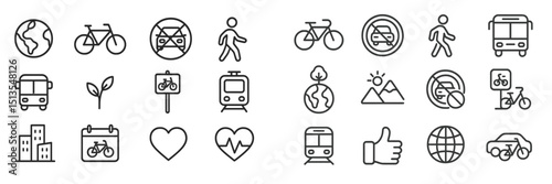 Transport icons representing sustainable travel options and urban mobility in a clean and modern style