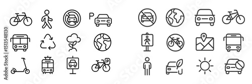 Collection of transportation and environmental icons depicting urban mobility options and sustainability themes