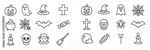 Halloween-themed icons featuring pumpkins, ghosts, bats, and other festive symbols for seasonal decor