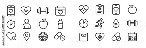 Collection of health and fitness icons illustrating various aspects of a healthy lifestyle and exercise routines