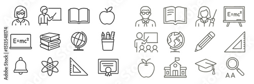 Educational icons set featuring teachers, students, and various learning tools in a classroom environment
