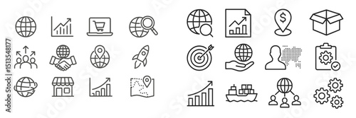 Icons representing global commerce and business growth in a digital landscape