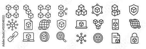 Icon set illustrating blockchain technology concepts and applications in various forms and designs