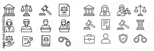 Legal symbols and icons depicting justice and courtroom activities often used in legal education and documentation